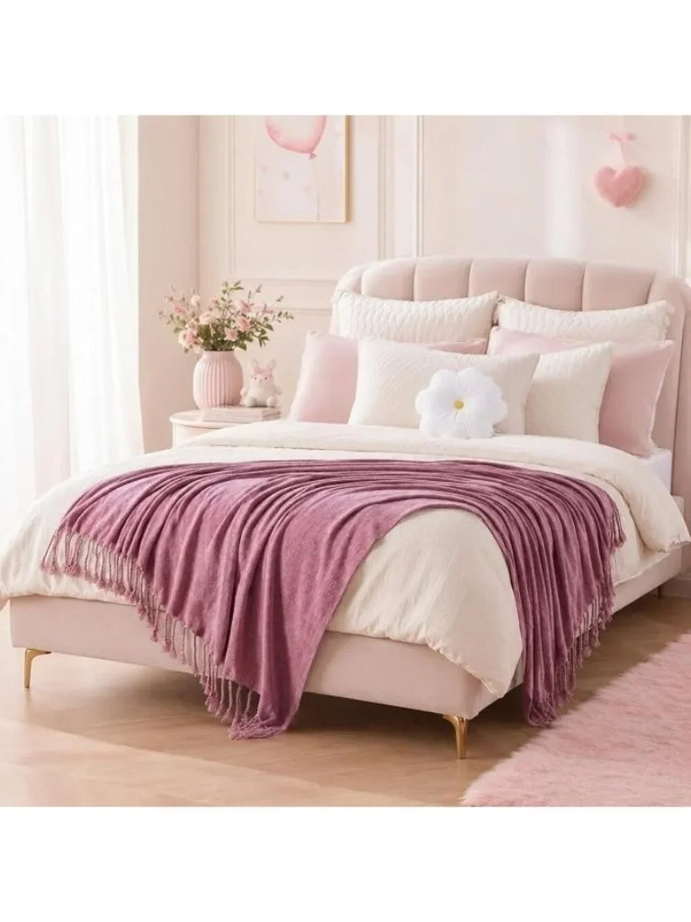 BATTILO HOME Pink Chenille Throw Blanket for Couch, Soft Cozy Textured Knit